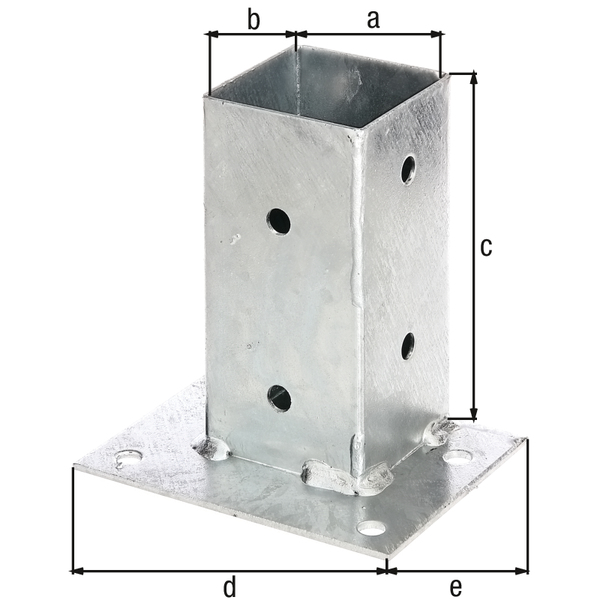 Aufschraubhülse für Vierkantholzpfosten, für die bündige Befestigung an Geraden, Material: Stahl roh, Oberfläche: feuerverzinkt, Topflänge: 71 mm, Topfbreite: 71 mm, Topfhöhe: 150 mm, Plattenlänge: 143 mm, Plattenbreite: 114 mm, Anzahl Löcher: 12, Loch: Ø11 mm