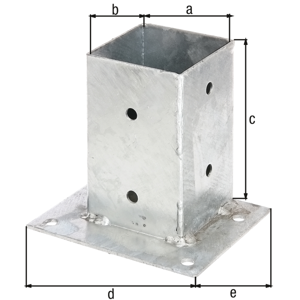 Bolt down post support for square timber posts, for flush fixing to straight surfaces, Material: raw steel, Surface: hot-dip galvanised, Pot length: 91 mm, Pot width: 91 mm, Pot height: 150 mm, Plate length: 163 mm, Plate width: 134 mm, No. of holes: 12, Hole: Ø11 mm