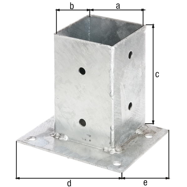 Anclaje sobre base para postes de madera cuadrados, ideal para la fijación en lineas rectas, Material: Acero crudo, Superficie: galvanizado en caliente, Longitud de la maceta: 91 mm, Anchura de la maceta: 91 mm, Altura del tubo: 150 mm, Longitud de la pletina: 163 mm, Anchura de la pletina: 134 mm, Número de agujeros: 12, Perforación: Ø11 mm