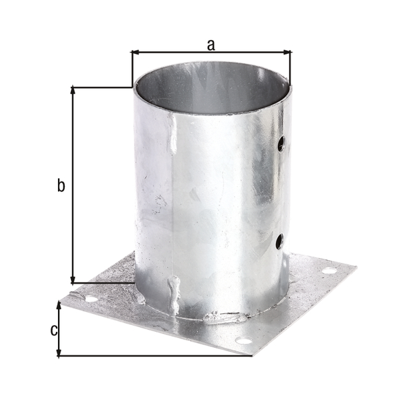 Bolt down post support for round timber posts, Material: raw steel, Surface: hot-dip galvanised, Pot dia.: 141 mm, Pot height: 147 mm, Plate length: 200 mm, No. of holes: 8, Hole: Ø11 mm