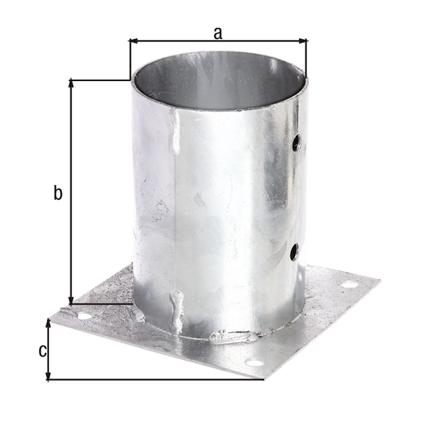 Ancre sur platine pour poteaux en bois ronds, Matériau: Acier brut, Finition: galvanisée à chaud, Ø du pot: 121 mm, Hauteur de pot: 147 mm, Longueur de platine: 180 mm, Nombre de trous: 8, Trou: Ø11 mm