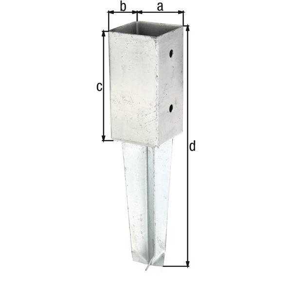 Ground sleeve for square timber posts, Material: raw steel, Surface: hot-dip galvanised, for setting in concrete, Pot length: 71 mm, Pot width: 71 mm, Pot height: 150 mm, Total length: 350 mm, No. of holes: 4, Hole: Ø11 mm