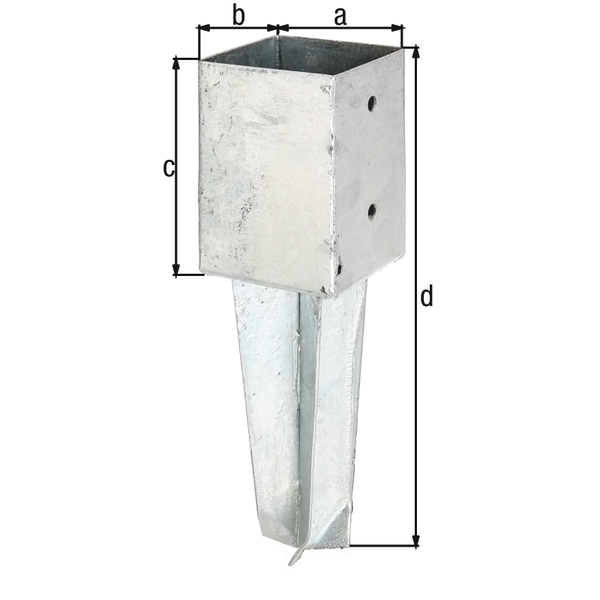 Porta palo per pali quadri in legno, Materiale: acciaio grezzo, superficie: zincata a fuoco, da cementare, Lunghezza del vaso: 91 mm, Larghezza del vaso: 91 mm, Altezza supporto: 150 mm, lunghezza totale: 350 mm, Numero di fori: 4, Foro: Ø11 mm