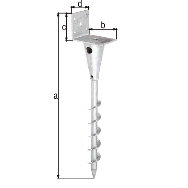 Anclaje para postes de forma L para postes de madera cuadrados, Material: Acero crudo, Superficie: galvanizado en caliente, para atornillar, Altura total: 470 mm, Anchura: 95 mm, Altura: 70 mm, Profundidad: 70 mm, Espesura del material: 4,00 mm, Número de agujeros: 1 / 4, Perforación: Ø15 / Ø7,5 mm