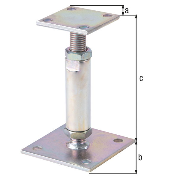 Pfostenträger, Ausführung: höhenverstellbar, Material: Stahl roh, Oberfläche: galvanisch verzinkt, Dickschichtschutz, zum Aufschrauben, Plattenlänge oben: 70 mm, Plattenlänge unten: 100 mm, Bodenabstand: 150 - 190 mm, Anzahl Löcher: 8, Loch: Ø11 mm