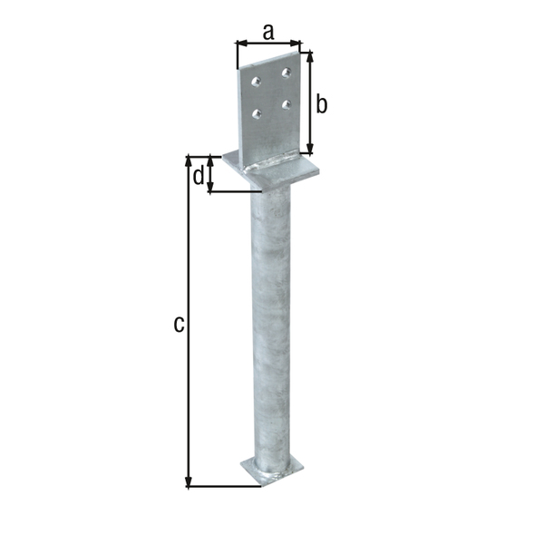 T post support with flitch plate, Material: raw steel, Surface: hot-dip galvanised, for setting in concrete, Flitch plate width: 80 mm, Flitch plate height: 130 mm, Length of concrete anchor: 500 mm, Plate length: 90 mm, Tube Ø: 48.3 mm, Material thickness: 8.00 mm, No. of holes: 4, Hole: Ø11 mm