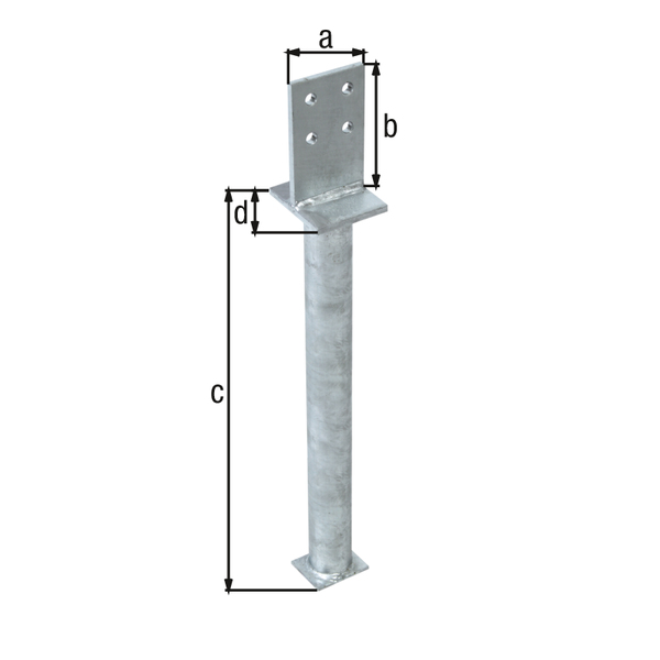 Ancre de poteau en T avec traverse, Matériau: Acier brut, Finition: galvanisée, à sceller, Largeur de l'entretoise: 80 mm, Hauteur de l'âme: 130 mm, Longueur de l'ancrage de béton: 500 mm, Longueur du panneau: 90 mm, Ø tube: 48,3 mm, Épaisseur: 8,00 mm, Nombre de trous: 4, Trou: Ø11 mm