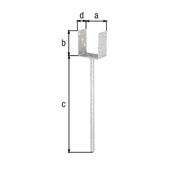 U post support with extra long concrete anchor made of riffle steel, Material: raw steel, Surface: hot-dip galvanised, for setting in concrete, Clear width: 121 mm, Height: 100 mm, Length of concrete anchor: 400 mm, Depth: 60 mm, Concrete anchor Ø: 16 mm, Material thickness: 4.00 mm, No. of holes: 6, Hole: Ø11 mm