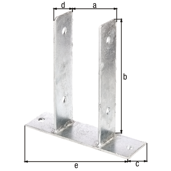 U post support, Material: raw steel, Surface: hot-dip galvanised, for screwing on, with CE marking in accordance with ETA-10/0210, Clear width: 81 mm, Height: 200 mm, Depth of screw-on plate: 60 mm, Beam depth: 50 mm, Length of screw-mounting plate: 200 mm, Material thickness: 4.00 mm, No. of holes: 6, Hole: Ø11 mm