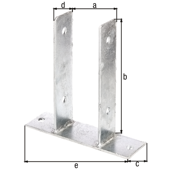 Anclaje para postes de forma U, Material: Acero crudo, Superficie: galvanizado en caliente, para atornillar, con distintivo CE conforme a ETA-10/0210, Anchura de apertura: 81 mm, Altura: 200 mm, Profundidad de la pletina atornillable: 60 mm, Profundidad del soporte: 50 mm, Longitud platina atornillable: 200 mm, Espesura del material: 4,00 mm, Número de agujeros: 6, Perforación: Ø11 mm