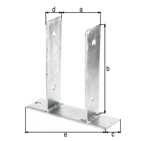 U post support, Material: raw steel, Surface: hot-dip galvanised, for screwing on, with CE marking in accordance with ETA-10/0210, Clear width: 91 mm, Height: 200 mm, Depth of screw-on plate: 60 mm, Beam depth: 50 mm, Length of screw-mounting plate: 200 mm, Material thickness: 4.00 mm, No. of holes: 6, Hole: Ø11 mm