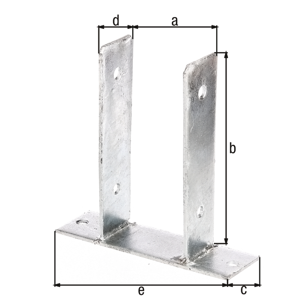 Anclaje para postes de forma U, Material: Acero crudo, Superficie: galvanizado en caliente, para atornillar, con distintivo CE conforme a ETA-10/0210, Anchura de apertura: 91 mm, Altura: 200 mm, Profundidad de la pletina atornillable: 60 mm, Profundidad del soporte: 50 mm, Longitud platina atornillable: 200 mm, Espesura del material: 4,00 mm, Número de agujeros: 6, Perforación: Ø11 mm