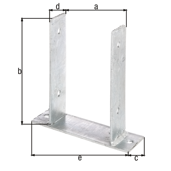 U post support, Material: raw steel, Surface: hot-dip galvanised, for screwing on, with CE marking in accordance with ETA-10/0210, Clear width: 121 mm, Height: 200 mm, Depth of screw-on plate: 60 mm, Beam depth: 50 mm, Length of screw-mounting plate: 200 mm, Material thickness: 4.00 mm, No. of holes: 6, Hole: Ø11 mm