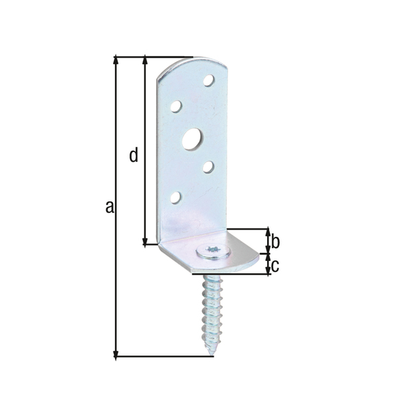 Piastra con perno filettato per recinzioni paravento, forma a L, Materiale: acciaio grezzo, superficie: galvanizzata, passivata a strato spesso, altezza totale: 115 mm, larghezza: 31,5 mm, Profondità: 30 mm, altezza: 75 mm, Guida: esagono incassato (stella) grandezza 30, Spessore del materiale: 2,50 mm, Ø-filettatura per legno: 8 x 45 mm, Numero di fori: 4 / 1, Foro: Ø4,5 / Ø9 mm