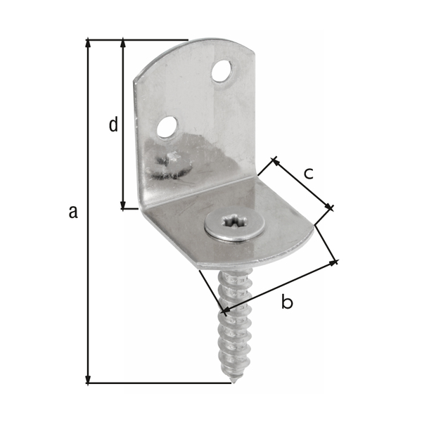 Flechtzaunhalter, L-Form, Material: Edelstahl, Gesamthöhe: 83 mm, Breite: 30 mm, Tiefe: 32 mm, Höhe: 38 mm, Antrieb: Innensechsrund (Stern) Größe 30, Materialstärke: 2,00 mm, Holzgewinde-Ø: 8 x 45 mm, Anzahl Löcher: 2, Loch: Ø5 mm, CutCase