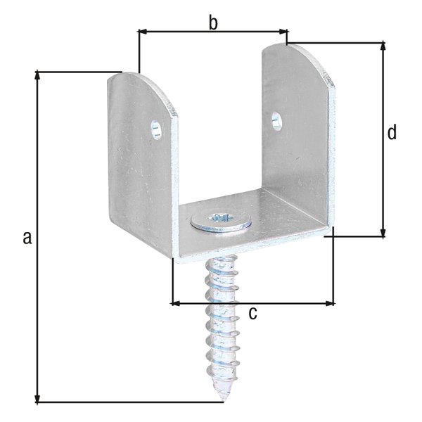 Piastra con perno filettato per recinzioni paravento, forma a U, Materiale: acciaio grezzo, superficie: galvanizzata, passivata a strato spesso, altezza totale: 83 mm, larghezza: 38 mm, Profondità: 30 mm, altezza: 38 mm, Guida: esagono incassato (stella) grandezza 30, Spessore del materiale: 2,00 mm, Ø-filettatura per legno: 8 x 45 mm, Numero di fori: 2, Foro: Ø4,5 mm