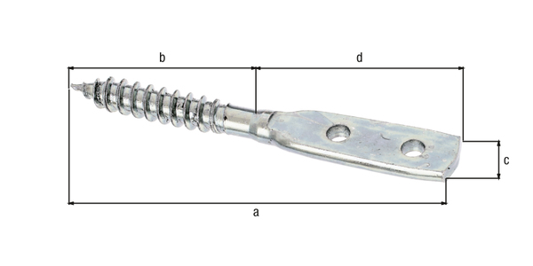 Fence bracket, flat-leaf screw shape, Material: raw steel, Surface: galvanised, thick-film passivated, for screwing in, Total length: 77 mm, Thread length: 35 mm, Sheet width: 11.5 mm, Sheet length: 34 mm, Distance from middle to middle of hole: 15 mm, Material thickness: 3.00 mm, Thread-Ø: 7 mm, No. of holes: 2, Hole: Ø4.5 mm