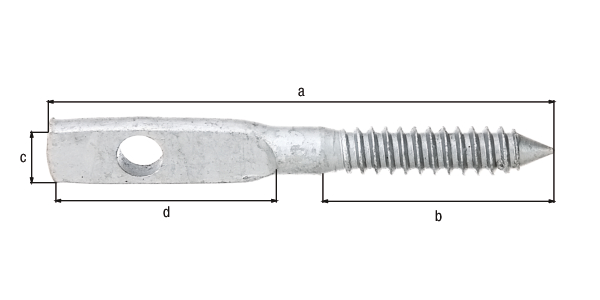 Fence bracket, flat-leaf screw shape, Material: raw steel, Surface: hot-dip galvanised, for screwing in, Total length: 100 mm, Thread length: 40 mm, Sheet width: 14.5 mm, Sheet length: 47 mm, Material thickness: 3.00 mm, Thread-Ø: 10 mm, No. of holes: 1, Hole: Ø9 mm