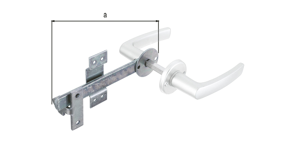 Flechtzaun-Einzeltorverschluss, Material: Stahl roh, Oberfläche: galvanisch gelb verzinkt, Drücker und Rosette: Aluminium, im Set verpackt, Länge: 170 mm