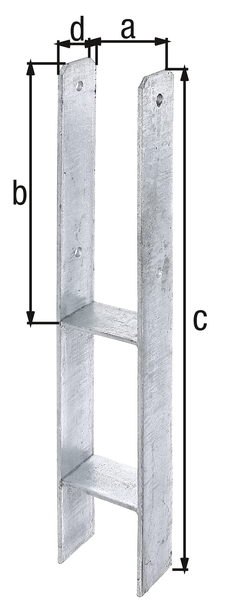 Staffa porta palo ad H, Materiale: acciaio grezzo, superficie: zincata a fuoco, da cementare, con marcatura CE ai sensi della ETA-10/0210, larghezza netta: 91 mm, altezza: 300 mm, altezza totale: 600 mm, Profondità: 60 mm, Spessore del materiale: 6,00 mm, Numero di fori: 4, Foro: Ø11 mm