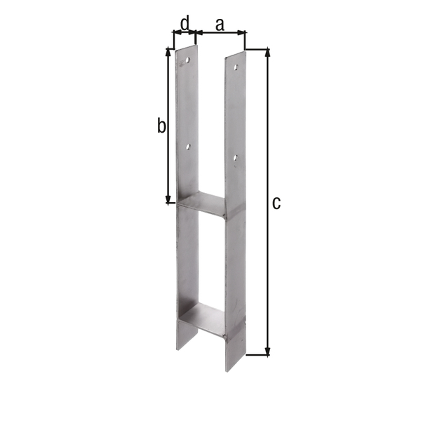 H post support, Material: stainless steel, for setting in concrete, Clear width: 91 mm, Height: 300 mm, Total height: 600 mm, Depth: 60 mm, Material thickness: 4.00 mm, No. of holes: 4, Hole: Ø11 mm