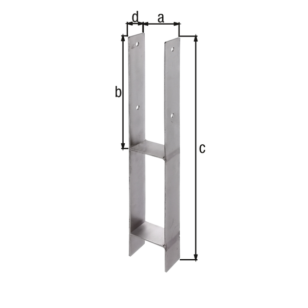 Anclaje para postes de forma H, Material: Acero inoxidable, para empotrar en hormigón, Anchura de apertura: 91 mm, Altura: 300 mm, Altura total: 600 mm, Profundidad: 60 mm, Espesura del material: 4,00 mm, Número de agujeros: 4, Perforación: Ø11 mm