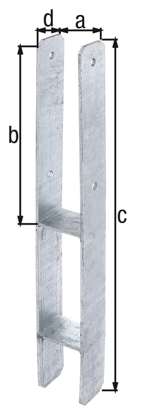 H-Pfostenträger, Material: Stahl roh, Oberfläche: feuerverzinkt, zum Einbetonieren, mit CE-Kennzeichnung nach ETA-10/0210, lichte Breite: 71 mm, Höhe: 300 mm, Gesamthöhe: 600 mm, Tiefe: 60 mm, Materialstärke: 5,00 mm, Anzahl Löcher: 4, Loch: Ø11 mm