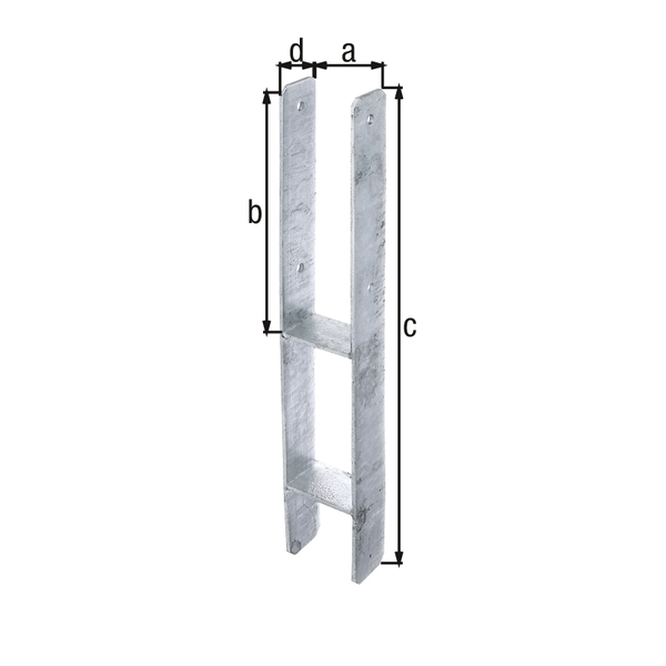 H post support, Material: raw steel, Surface: hot-dip galvanised, for setting in concrete, with CE marking in accordance with ETA-10/0210, Clear width: 81 mm, Height: 300 mm, Total height: 600 mm, Depth: 60 mm, Material thickness: 5.00 mm, No. of holes: 4, Hole: Ø11 mm