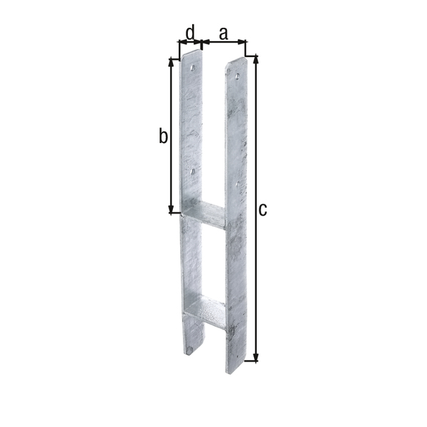 H-Pfostenträger, Material: Stahl roh, Oberfläche: feuerverzinkt, zum Einbetonieren, mit CE-Kennzeichnung nach ETA-10/0210, lichte Breite: 81 mm, Höhe: 300 mm, Gesamthöhe: 600 mm, Tiefe: 60 mm, Materialstärke: 5,00 mm, Anzahl Löcher: 4, Loch: Ø11 mm