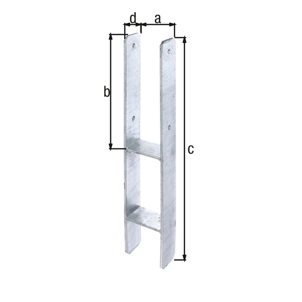 Anclaje para postes de forma H, Material: Acero crudo, Superficie: galvanizado en caliente, para empotrar en hormigón, con distintivo CE conforme a ETA-10/0210, Anchura de apertura: 95 mm, Altura: 300 mm, Altura total: 600 mm, Profundidad: 60 mm, Espesura del material: 6,00 mm, Número de agujeros: 4, Perforación: Ø11 mm