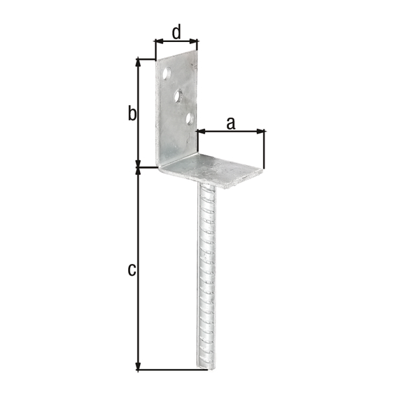 L post support with concrete anchor made of riffle steel, Material: raw steel, Surface: hot-dip galvanised, for setting in concrete, with CE marking in accordance with ETA-10/0210, Width: 80 mm, Height: 104 mm, Length of concrete anchor: 200 mm, Depth: 60 mm, Concrete anchor Ø: 16 mm, Material thickness: 4.00 mm, No. of holes: 3, Hole: Ø11 mm, 15-year warranty against rusting through