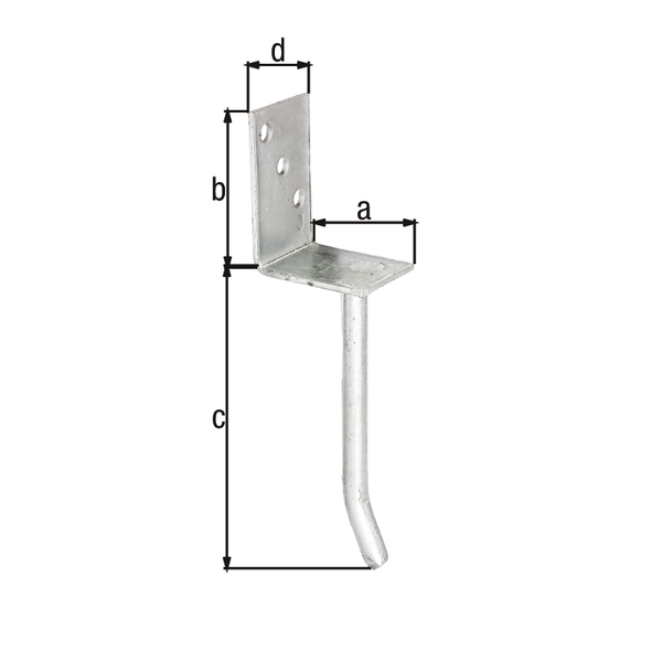 L-Pfostenträger mit Betonanker aus Rundstahl, Material: Stahl roh, Oberfläche: feuerverzinkt, zum Einbetonieren, mit CE-Kennzeichnung nach ETA-10/0210, Breite: 80 mm, Höhe: 104 mm, Länge Betonanker: 200 mm, Tiefe: 60 mm, Betonanker-Ø: 16 mm, Materialstärke: 4,00 mm, Anzahl Löcher: 3, Loch: Ø11 mm