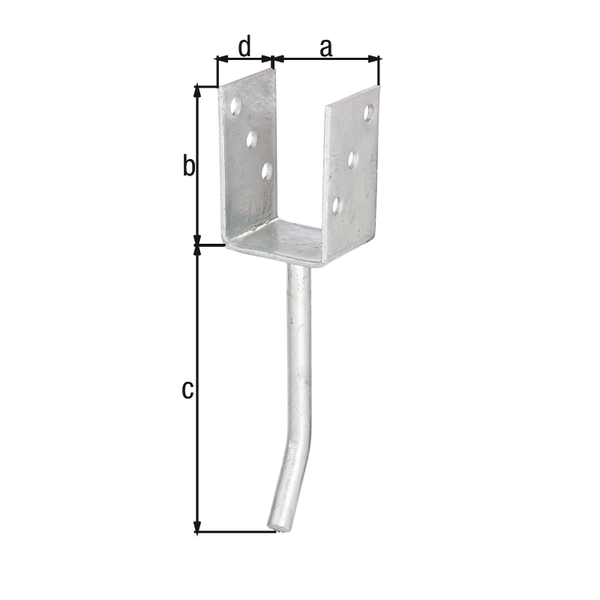 U-Pfostenträger mit Betonanker aus Rundstahl, Material: Stahl roh, Oberfläche: feuerverzinkt, zum Einbetonieren, mit CE-Kennzeichnung nach ETA-10/0210, lichte Breite: 71 mm, Höhe: 104 mm, Länge Betonanker: 200 mm, Tiefe: 60 mm, Betonanker-Ø: 16 mm, Materialstärke: 4,00 mm, Anzahl Löcher: 6, Loch: Ø11 mm