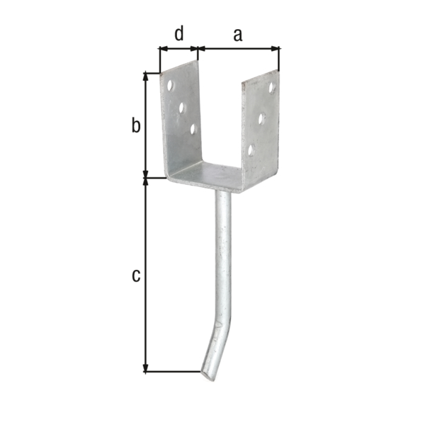 Anclaje para postes de forma U con varilla de acero redondo para hormigonar, Material: Acero crudo, Superficie: galvanizado en caliente, para empotrar en hormigón, con distintivo CE conforme a ETA-10/0210, Anchura de apertura: 81 mm, Altura: 104 mm, Longitud del anclaje de hormigón: 200 mm, Profundidad: 60 mm, Ø del anclaje: 16 mm, Espesura del material: 4,00 mm, Número de agujeros: 6, Perforación: Ø11 mm