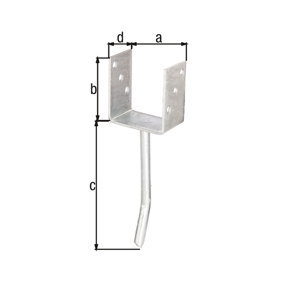 U-Pfostenträger mit Betonanker aus Rundstahl, Material: Stahl roh, Oberfläche: feuerverzinkt, zum Einbetonieren, mit CE-Kennzeichnung nach ETA-10/0210, lichte Breite: 91 mm, Höhe: 104 mm, Länge Betonanker: 200 mm, Tiefe: 60 mm, Betonanker-Ø: 16 mm, Materialstärke: 4,00 mm, Anzahl Löcher: 6, Loch: Ø11 mm