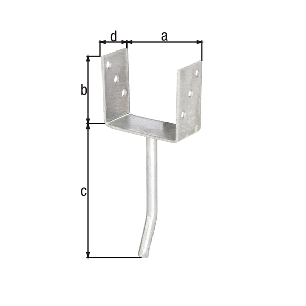 U post support with concrete anchor made of round steel, Material: raw steel, Surface: hot-dip galvanised, for setting in concrete, with CE marking in accordance with ETA-10/0210, Clear width: 121 mm, Height: 104 mm, Length of concrete anchor: 200 mm, Depth: 60 mm, Concrete anchor Ø: 16 mm, Material thickness: 4.00 mm, No. of holes: 6, Hole: Ø11 mm