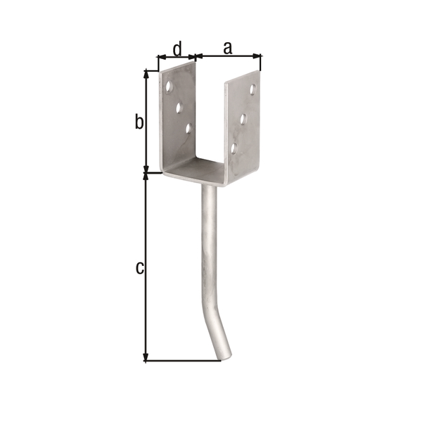 Anclaje para postes de forma U con varilla de acero redondo para hormigonar, Material: Acero inoxidable, para empotrar en hormigón, Anchura de apertura: 71 mm, Altura: 104 mm, Longitud del anclaje de hormigón: 200 mm, Profundidad: 60 mm, Ø del anclaje: 16 mm, Espesura del material: 4,00 mm, Número de agujeros: 6, Perforación: Ø11 mm