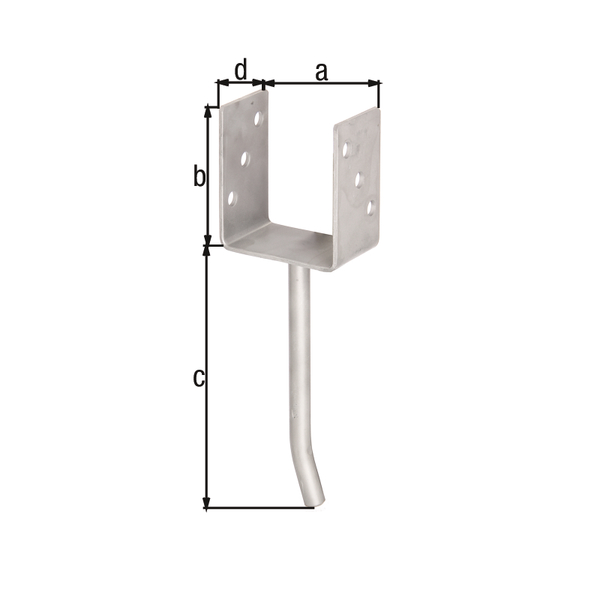 Anclaje para postes de forma U con varilla de acero redondo para hormigonar, Material: Acero inoxidable, para empotrar en hormigón, Anchura de apertura: 91 mm, Altura: 104 mm, Longitud del anclaje de hormigón: 200 mm, Profundidad: 60 mm, Ø del anclaje: 16 mm, Espesura del material: 4,00 mm, Número de agujeros: 6, Perforación: Ø11 mm