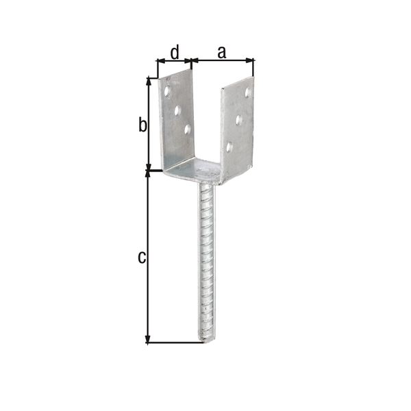 U post support with concrete anchor made of riffle steel, Material: raw steel, Surface: hot-dip galvanised, for setting in concrete, with CE marking in accordance with ETA-10/0210, Clear width: 71 mm, Height: 104 mm, Length of concrete anchor: 200 mm, Depth: 60 mm, Concrete anchor Ø: 16 mm, Material thickness: 4.00 mm, No. of holes: 6, Hole: Ø11 mm, 15-year warranty against rusting through