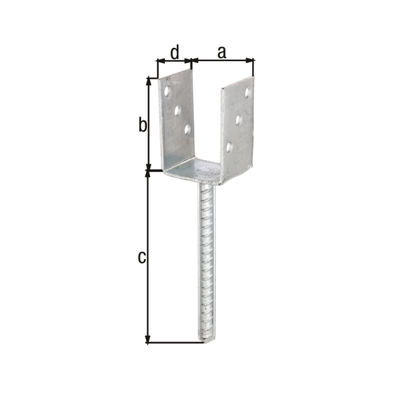 U-Pfostenträger mit Betonanker aus Riffelstahl, Material: Stahl roh, Oberfläche: feuerverzinkt, zum Einbetonieren, mit CE-Kennzeichnung nach ETA-10/0210, lichte Breite: 71 mm, Höhe: 104 mm, Länge Betonanker: 200 mm, Tiefe: 60 mm, Betonanker-Ø: 16 mm, Materialstärke: 4,00 mm, Anzahl Löcher: 6, Loch: Ø11 mm, 15 Jahre Garantie gegen Durchrosten