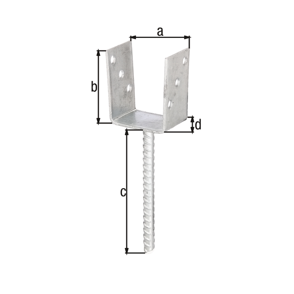 U post support with concrete anchor made of riffle steel, Material: raw steel, Surface: hot-dip galvanised, for setting in concrete, with CE marking in accordance with ETA-10/0210, Clear width: 81 mm, Height: 104 mm, Length of concrete anchor: 200 mm, Depth: 60 mm, Concrete anchor Ø: 16 mm, Material thickness: 4.00 mm, No. of holes: 6, Hole: Ø11 mm