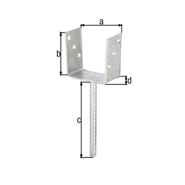U post support with concrete anchor made of riffle steel, Material: raw steel, Surface: hot-dip galvanised, for setting in concrete, with CE marking in accordance with ETA-10/0210, Clear width: 101 mm, Height: 104 mm, Length of concrete anchor: 200 mm, Depth: 60 mm, Concrete anchor Ø: 16 mm, Material thickness: 4.00 mm, No. of holes: 6, Hole: Ø11 mm, 15-year warranty against rusting through