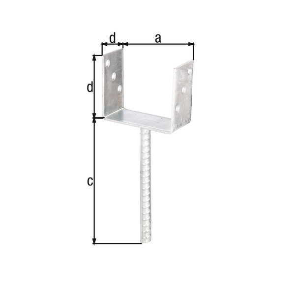 Anclaje para postes de forma U con varilla para hormigonar de acero acanalado, Material: Acero crudo, Superficie: galvanizado en caliente, para empotrar en hormigón, con distintivo CE conforme a ETA-10/0210, Anchura de apertura: 121 mm, Altura: 104 mm, Longitud del anclaje de hormigón: 200 mm, Profundidad: 60 mm, Ø del anclaje: 16 mm, Espesura del material: 4,00 mm, Número de agujeros: 6, Perforación: Ø11 mm