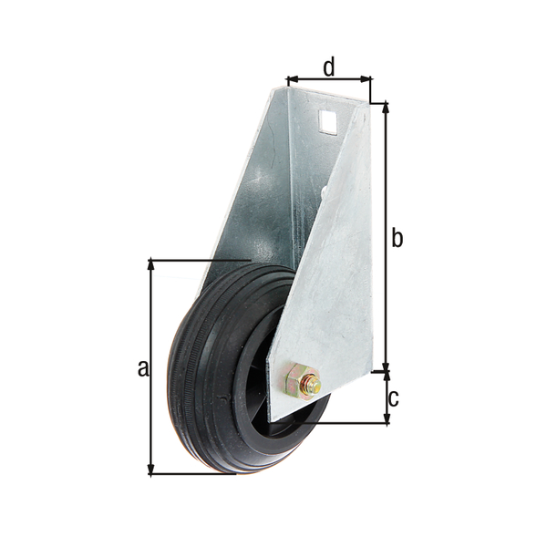 Roue de soutien pour portail lourd, Matériau: Acier brut, Finition: galvanisée à chaud, à visser, Diamètre: 80 mm, Hauteur: 110 mm, Profondeur: 65 mm, Largeur: 44,5 mm, Nombre de trous: 2 / 2, Trou: 8,5 x 8,5 / Ø8 mm