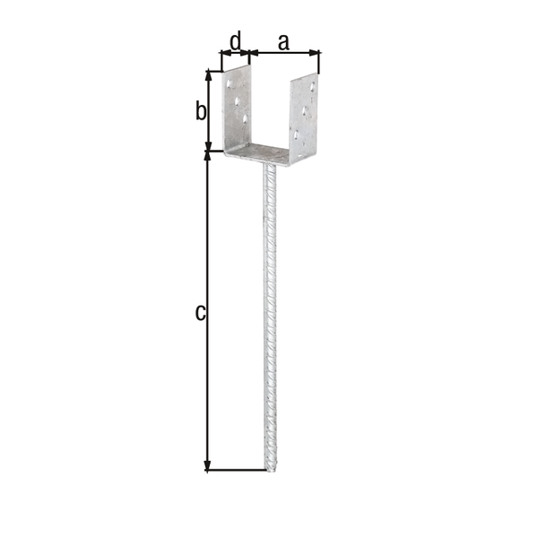 U-Pfostenträger mit extra langem Betonanker aus Riffelstahl, Material: Stahl roh, Oberfläche: feuerverzinkt, zum Einbetonieren, lichte Breite: 91 mm, Höhe: 100 mm, Länge Betonanker: 400 mm, Tiefe: 60 mm, Betonanker-Ø: 16 mm, Materialstärke: 4,00 mm, Anzahl Löcher: 6, Loch: Ø11 mm