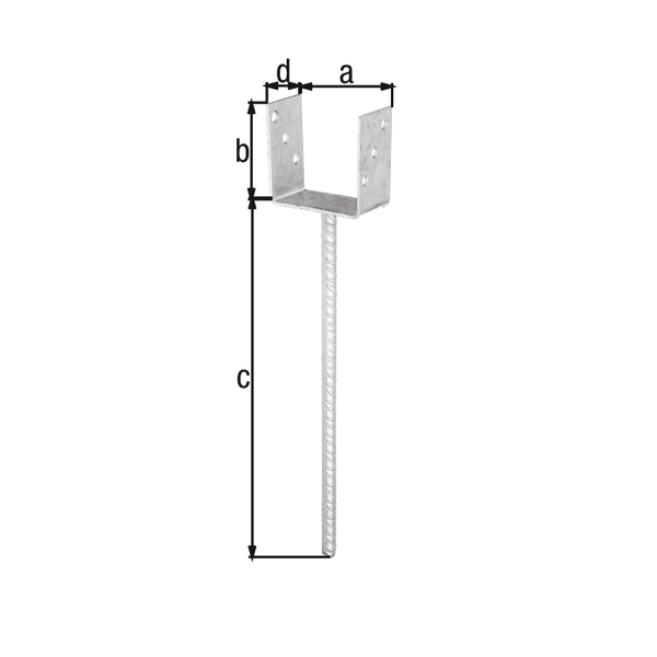 Anclaje para postes de forma U con varilla extra larga de acero acanalado para hormigonar, Material: Acero crudo, Superficie: galvanizado en caliente, para empotrar en hormigón, Anchura de apertura: 101 mm, Altura: 100 mm, Longitud del anclaje de hormigón: 400 mm, Profundidad: 60 mm, Ø del anclaje: 16 mm, Espesura del material: 4,00 mm, Número de agujeros: 6, Perforación: Ø11 mm