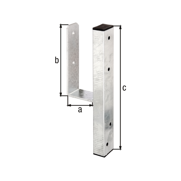 Anclaje para postes de forma U para cercaditos de forma L, para postes de madera de forma cuadrada de 90 mm, Material: Acero crudo, Superficie: galvanizado en caliente, para atornillar, con distintivo CE conforme a ETA-10/0210, Anchura de apertura: 91 mm, Altura: 230 mm, Altura total: 410 mm, Pletina: 60 x 6 mm, Espesura del material: 2,00 mm, Número de agujeros: 7, Perforación: Ø11 mm