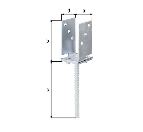 U-Pfostenträger mit Betonanker aus Riffelstahl, Ausführung: breitenverstellbar, Material: Stahl roh, Oberfläche: galvanisch verzinkt, Dickschichtschutz, zum Einbetonieren, lichte Breite: 71 - 131 mm, Höhe: 110 mm, Länge Betonanker: 200 mm, Tiefe: 70 mm, Betonanker-Ø: 16 mm, Materialstärke: 5,00 mm, Anzahl Löcher: 6, Loch: Ø11 mm