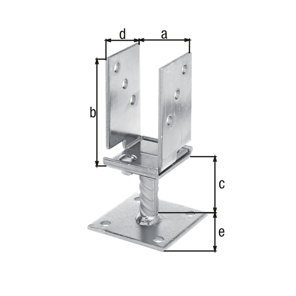 Staffa porta palo ad U, modello: regolabile in larghezza, Materiale: acciaio grezzo, superficie: galvanizzata, passivata a strato spesso, da avvitare, larghezza netta: 71 - 131 mm, altezza: 110 mm, Distanza dal pavimento: 70 mm, Profondità: 70 mm, Lunghezza piastra: 100 mm, Ø-Acciaio ondulato: 19 mm, Spessore del materiale: 5,00 mm, Numero di fori: 10, Foro: Ø11 mm