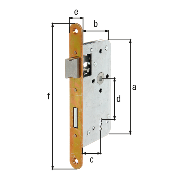 Deadbolt lock especially for frame gates, Heavy, stable design for use outdoors., All inner parts are galvanised to protect against rust., with countersunk screw holes, Material: raw steel, Surface: galvanised, with key, Height lock case: 167 mm, Depth lock case: 85 mm, Size back set: 55 mm, Distance: 72 mm, Strike plate width: 24 mm, Strike plate height: 235 mm, Bolt recess: 13 / 25 mm, Socket: 8 x 8 mm